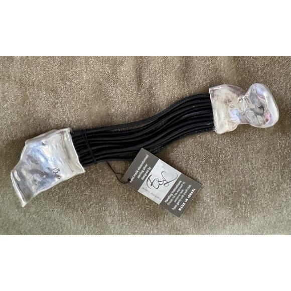 Handmade Electroformed Sterling Cuff Bracelet With Black Leather By E&L / Isreal - Picture 6 of 7